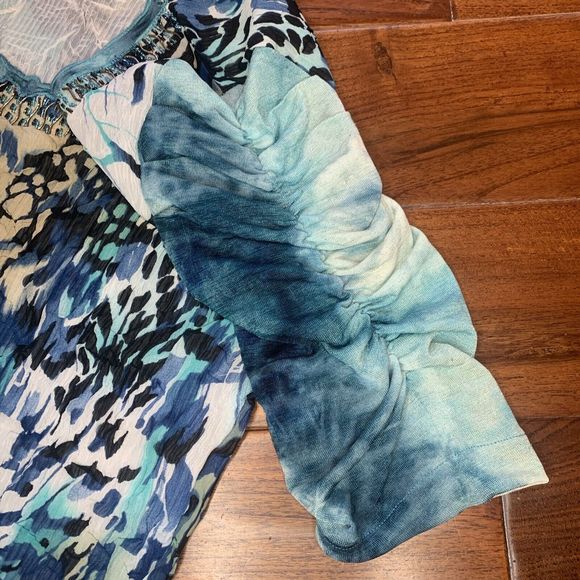 ALBERTO MAKALI Blue Art-to-Wear Mixed Media s/s Top Size L Sequin Crinkle - Picture 7 of 13